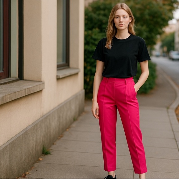 Worthington Women's Tapered Leg Vibrant Hot Pink Belt Loop Casual Dress Pants - Picture 1 of 10